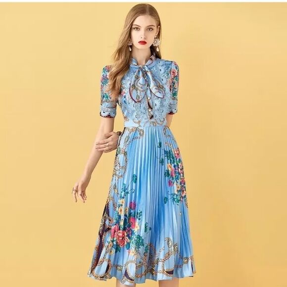 Dalia Macphee Women Lace Mosaic High Waist Long Sleeve Pleated Print Dre… - Picture 2 of 16